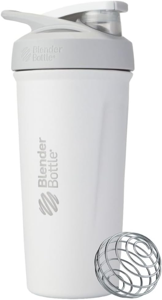 BlenderBottle Strada Shaker Cup Insulated Stainless Steel Water Bottle with Wire Whisk, 24-Ounce, White