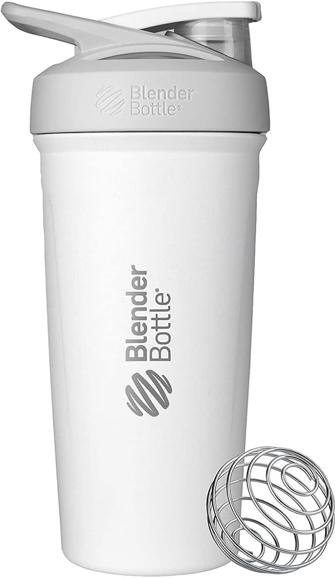 BlenderBottle Strada Shaker Cup Insulated Stainless Steel Water Bottle with Wire Whisk, 24-Ounce, White