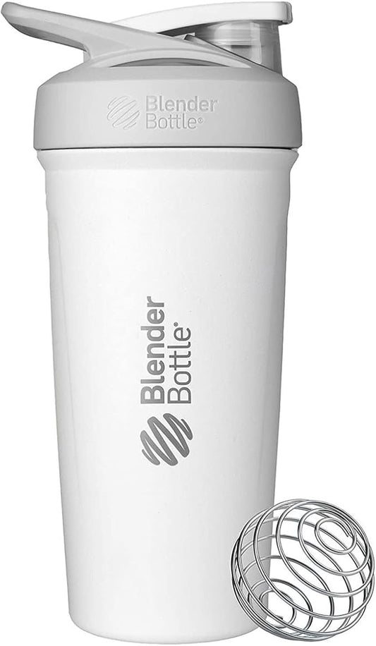 BlenderBottle Strada Shaker Cup Insulated Stainless Steel Water Bottle with Wire Whisk, 24-Ounce, White