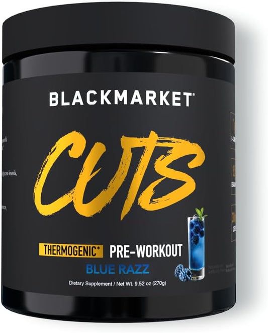 BLACKMARKET CUTS Pre Workout - Flavored Energy Powdered Drink Mix for Men & Women, Great for Muscle Definition, Thermogenic, Creatine Free, (Blue Razz, 30 Servings)