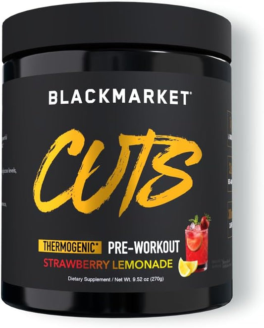 BLACKMARKET CUTS Pre Workout - Flavored Energy Powdered Drink Mix for Men & Women, Great for Muscle Definition, Thermogenic, Creatine Free, (Strawberry Lemonade, 30 Servings)