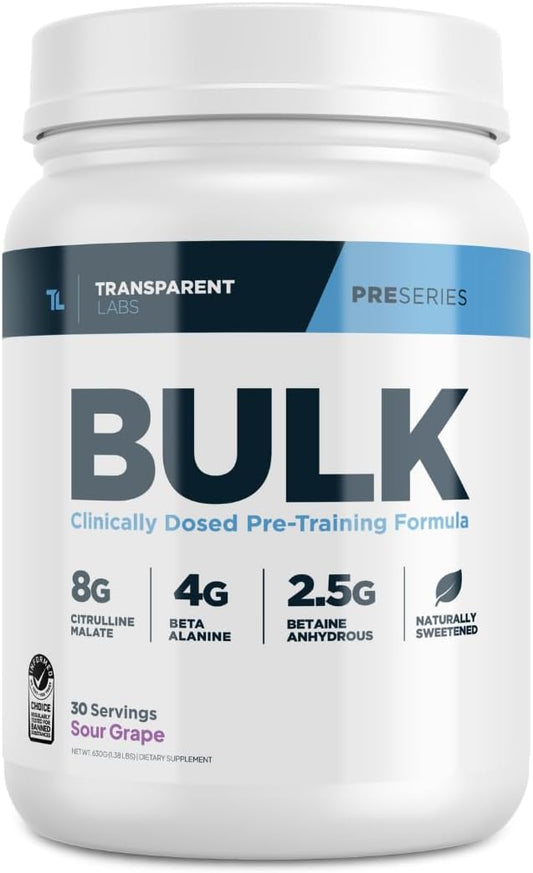 Transparent Labs Bulk Pre Workout Powder - Naturally Sweetened Advanced Pre-Workout Formula for Muscle Building and Strength - 30 Servings, Sour Grape