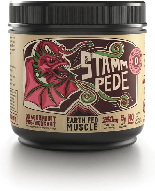 Earth Fed Muscle Stammpede DragoFruit Punch Pre Workout, 30 Servings, Boost Energy, Increase Endurance and Focus, Beta-Alanine, 250mg Caffeine, Citrulline Malate, Taurine, Tyrosine - Keto, No Sugar
