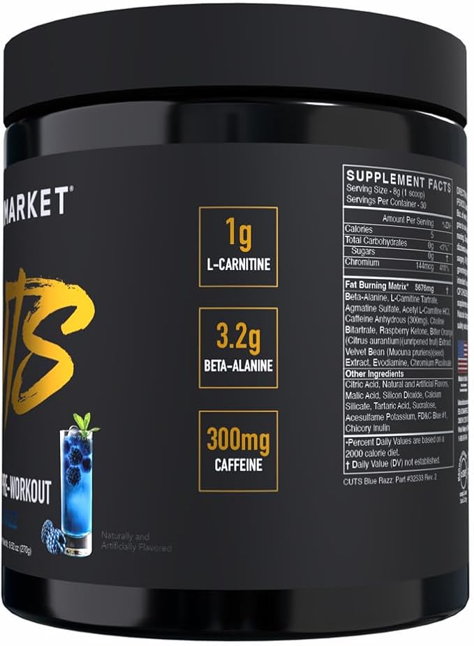 BLACKMARKET CUTS Pre Workout - Flavored Energy Powdered Drink Mix for Men & Women, Great for Muscle Definition, Thermogenic, Creatine Free, (Blue Razz, 30 Servings)