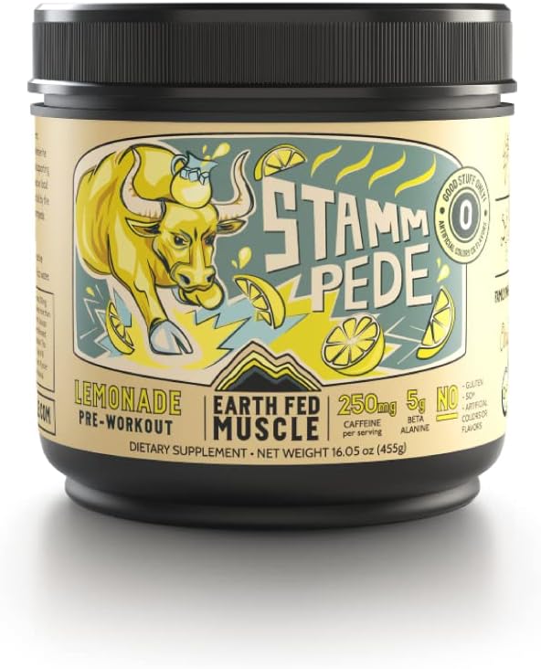 Earth Fed Muscle Stammpede Lemonade Pre Workout - Boosts Energy - Beta Alanine, 250mg Caffeine, Citrulline Malate, Taurine, Tyrosine - Soy Free, Gluten Free, Sugar Free. Keto Friendly - 26 Servings
