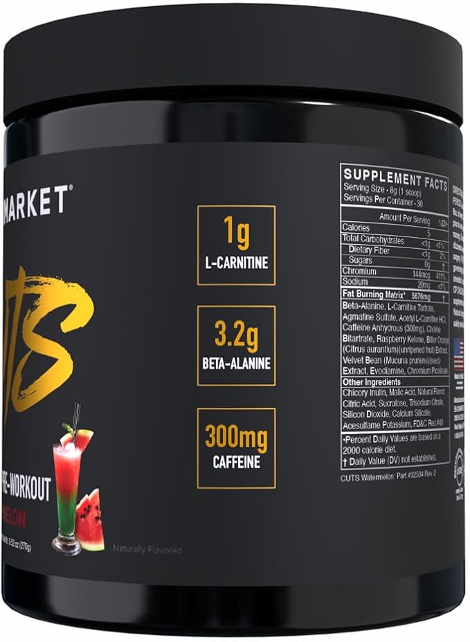 BLACKMARKET CUTS Pre Workout - Flavored Energy Powdered Drink Mix for Men & Women, Great for Muscle Definition, Thermogenic, Creatine Free (Watermelon, 30 Servings)