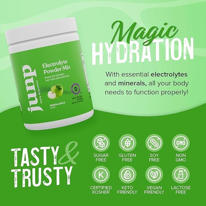 JUNP Electrolytes Powder No Sugar No Carbs – Mouthwatering Green Apple Drink Mix - Potassium & Salt Electrolyte Hydration Powder Zero Calorie Sugar Free Electrolyte Powder, Keto Friendly, 180 Servings