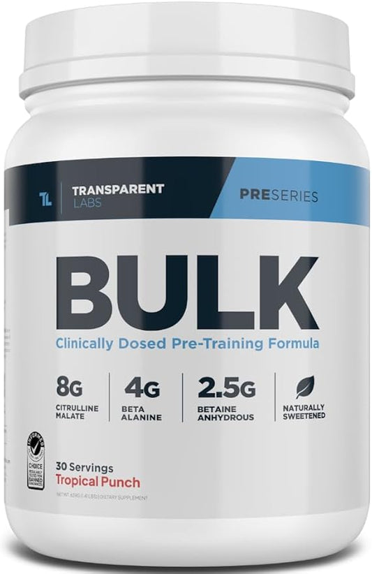 Transparent Labs Bulk Pre Workout Powder - Naturally Sweetened Advanced Pre-Workout Formula for Muscle Building and Strength - 30 Servings, Tropical Punch