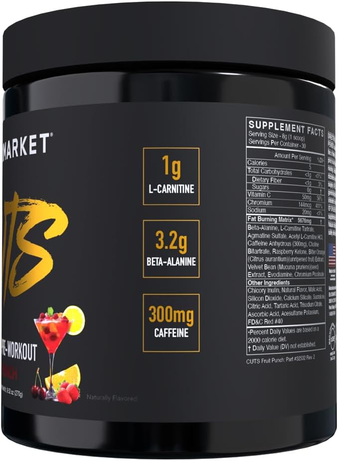 BLACKMARKET CUTS Pre Workout - Flavored Energy Powdered Drink Mix for Men & Women, Great for Muscle Definition, Thermogenic, Creatine Free, (Fruit Punch, 30 Servings)