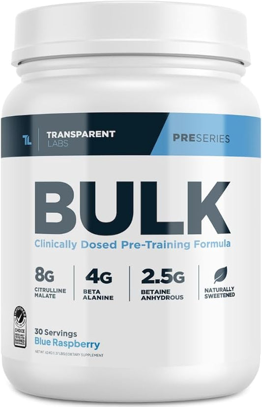 Transparent Labs Bulk Pre Workout Powder - Naturally Sweetened Advanced Pre-Workout Formula for Muscle Building and Strength - 30 Servings, Blue Raspberry