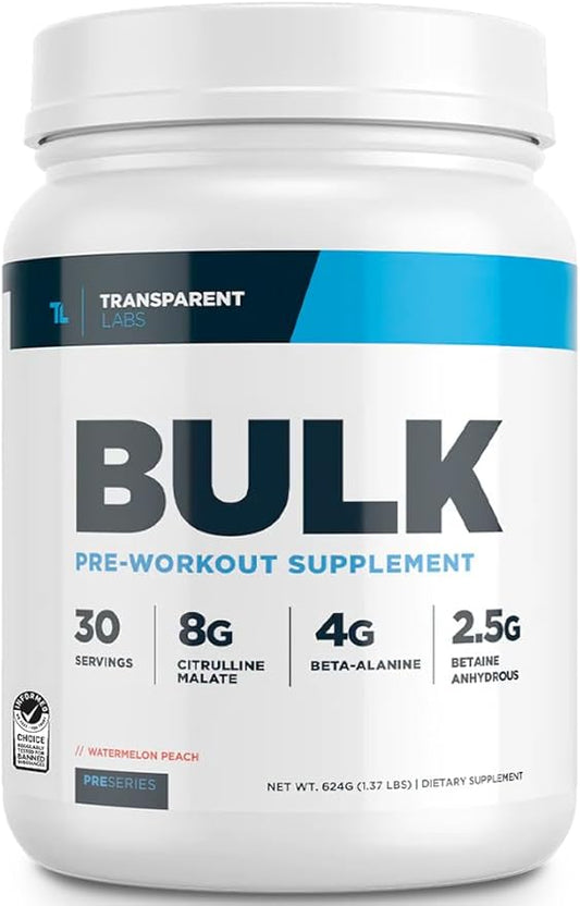 Transparent Labs Bulk Pre Workout Powder - Naturally Sweetened Advanced Pre-Workout Formula for Muscle Building and Strength - 30 Servings, Watermelon