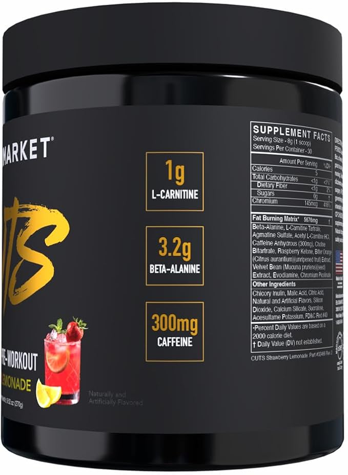 BLACKMARKET CUTS Pre Workout - Flavored Energy Powdered Drink Mix for Men & Women, Great for Muscle Definition, Thermogenic, Creatine Free, (Strawberry Lemonade, 30 Servings)