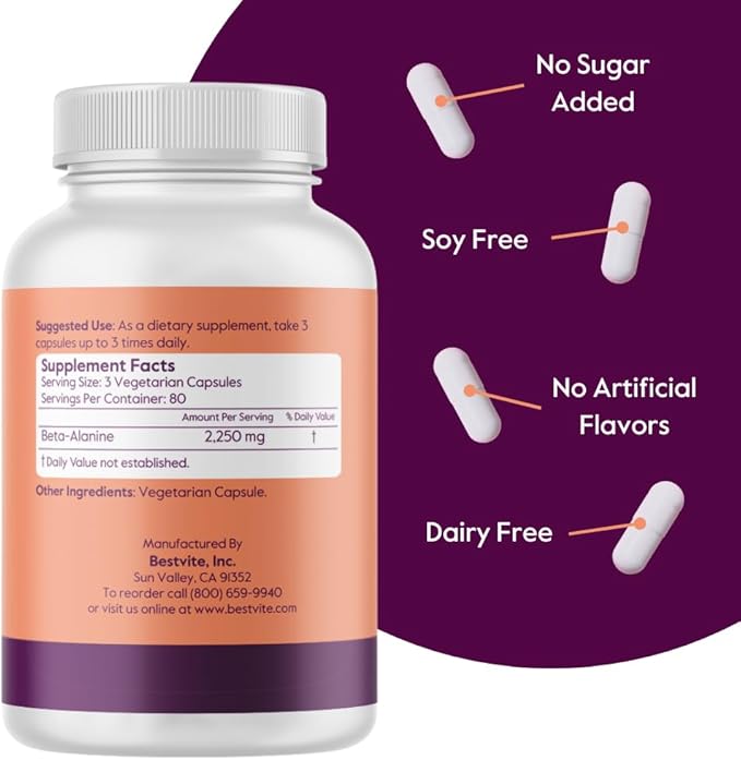 BESTVITE Beta Alanine 750mg (240 Vegetarian Capsules) - No Stearates - Vegan - Non GMO - Gluten Free