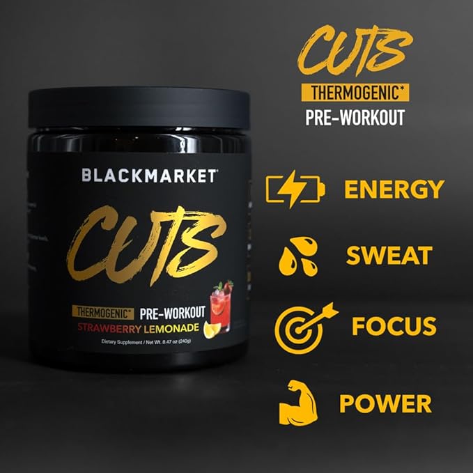 BLACKMARKET CUTS Pre Workout - Flavored Energy Powdered Drink Mix for Men & Women, Great for Muscle Definition, Thermogenic, Creatine Free, (Strawberry Lemonade, 30 Servings)