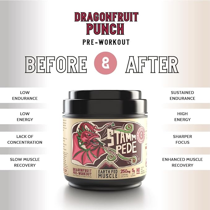 Earth Fed Muscle Stammpede DragoFruit Punch Pre Workout, 30 Servings, Boost Energy, Increase Endurance and Focus, Beta-Alanine, 250mg Caffeine, Citrulline Malate, Taurine, Tyrosine - Keto, No Sugar