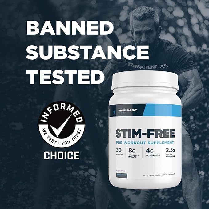 Transparent Labs Stim-Free Pre-Workout - Caffeine & Stim Free Pre Workout Powder for Men and Women with Beta Alanine Powder, Citrulline Malate, & elevATP - 30 Servings, Blue Raspberry