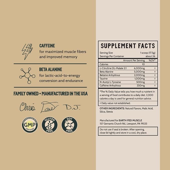 Earth Fed Muscle Stammpede Lemonade Pre Workout - Boosts Energy - Beta Alanine, 250mg Caffeine, Citrulline Malate, Taurine, Tyrosine - Soy Free, Gluten Free, Sugar Free. Keto Friendly - 26 Servings
