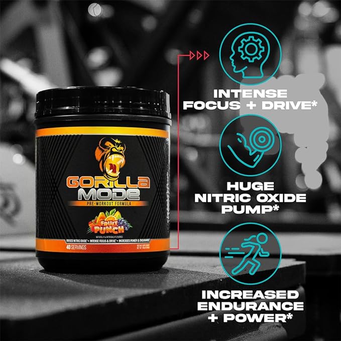Gorilla Mode Pre Workout - Massive Pumps · Laser Focus · Energy · Power - L-Citrulline, Creatine, L-Tyrosine, Betaine, Hydroprime®, Alpha-GPC, 400mg Caffeine, Huperzine A - 836g (Jungle Juice)