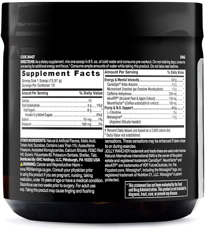 BEYOND RAW LIT | Clinically Dosed Pre-Workout Powder | Contains Caffeine, L-Citrulline, Beta-Alanine, and Nitric Oxide | Jolly Rancher Watermelon | 15 Servings
