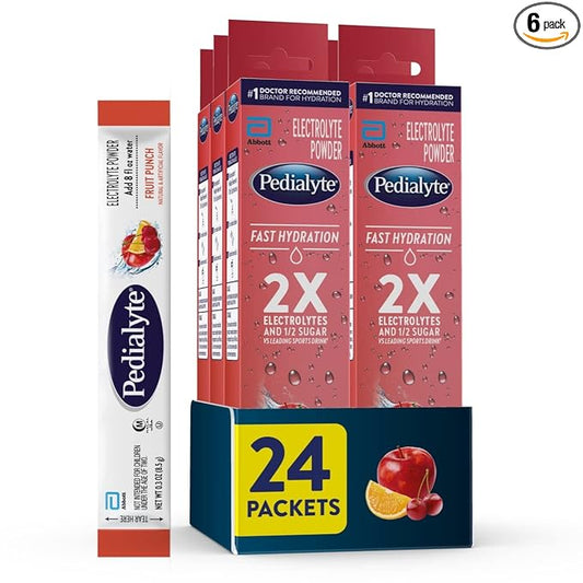 Pedialyte Fast Hydration Electrolyte Powder Packets, Fruit Punch, Hydration Drink, 4 Count (Pack of 6), Total-24 Single-Serving Powder Packets