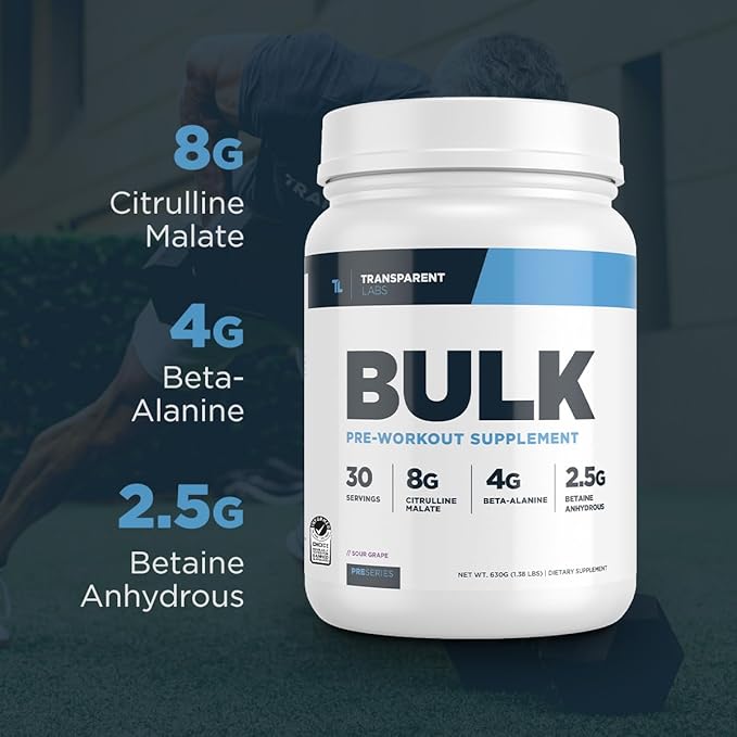 Transparent Labs Bulk Pre Workout Powder - Naturally Sweetened Advanced Pre-Workout Formula for Muscle Building and Strength - 30 Servings, Sour Grape