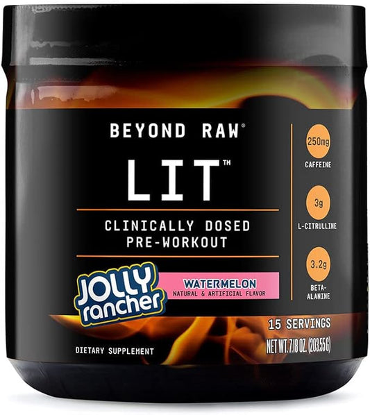 BEYOND RAW LIT | Clinically Dosed Pre-Workout Powder | Contains Caffeine, L-Citrulline, Beta-Alanine, and Nitric Oxide | Jolly Rancher Watermelon | 15 Servings