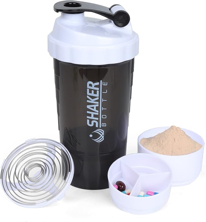 XTK Shaker Bottle Protein Shaker Bottles with Storage and Mix Ball, 16OZ Sports Water Bottle with Pill Organizer,Leak Proof Portable Shaker Bottles for Protein Mixes and Pre Work Out,BPA Free(white)