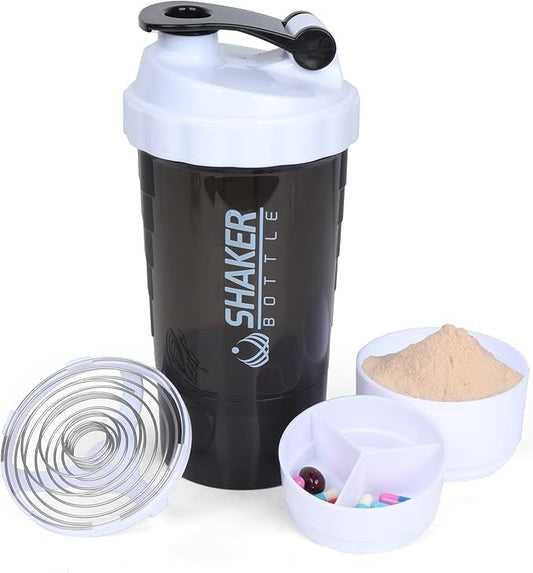 XTK Shaker Bottle Protein Shaker Bottles with Storage and Mix Ball, 16OZ Sports Water Bottle with Pill Organizer,Leak Proof Portable Shaker Bottles for Protein Mixes and Pre Work Out,BPA Free(white)