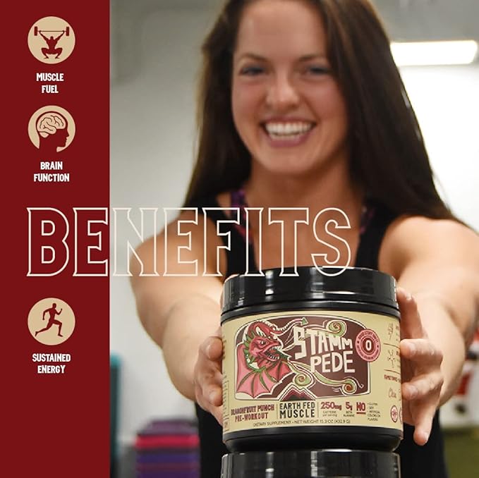 Earth Fed Muscle Stammpede DragoFruit Punch Pre Workout, 30 Servings, Boost Energy, Increase Endurance and Focus, Beta-Alanine, 250mg Caffeine, Citrulline Malate, Taurine, Tyrosine - Keto, No Sugar
