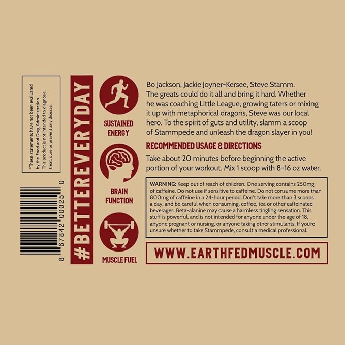 Earth Fed Muscle Stammpede DragoFruit Punch Pre Workout, 30 Servings, Boost Energy, Increase Endurance and Focus, Beta-Alanine, 250mg Caffeine, Citrulline Malate, Taurine, Tyrosine - Keto, No Sugar