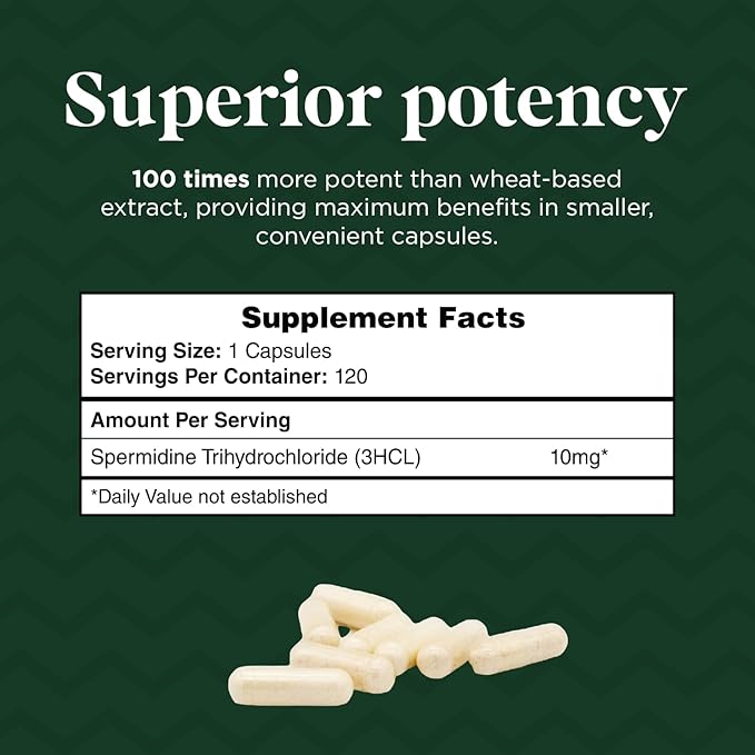 Spermidine (10mg of 99% Spermidine 3HCL - Third Party Tested) 120 Capsules - 100x More Potent Than Wheat Germ Extract, Telomere Health and Aging 120-Day Supply - As efficient as NMN