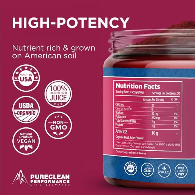 PureClean Beet Premium Beet Juice Powder - 100% Organic Nitric Oxide Support for Clinically-Proven 3X Greater Circulation, Endurance & Energy - Proudly Cold-Pressed, Eco Friendly, USA - 30 Servings