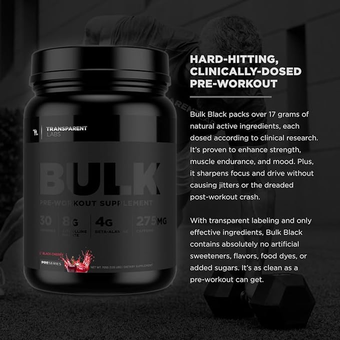 Transparent Labs Bulk Black Pre Workout - Clinically Dosed, Sugar Free Preworkout for Men and Women with Beta Alanine Powder, Citrulline Malate, & Caffeine Powder- 30 Servings, Black Cherry