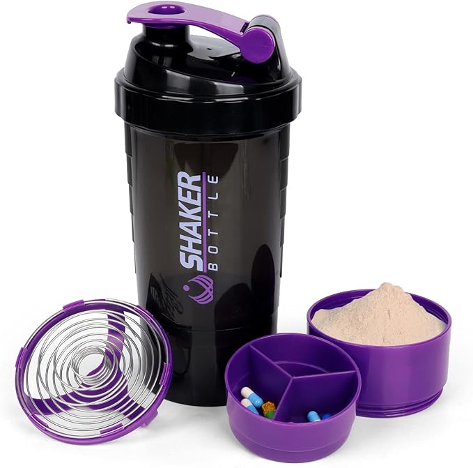 XTK Shaker Bottle Protein Shaker Bottles with Storage and Mix Ball, 16OZ Sports Water Bottle with Pill Organizer,Leak Proof Portable Shaker Bottles for Protein Mixes and Pre Work Out,BPA Free(purple)