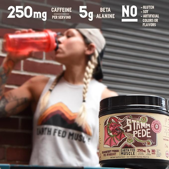 Earth Fed Muscle Stammpede DragoFruit Punch Pre Workout, 30 Servings, Boost Energy, Increase Endurance and Focus, Beta-Alanine, 250mg Caffeine, Citrulline Malate, Taurine, Tyrosine - Keto, No Sugar