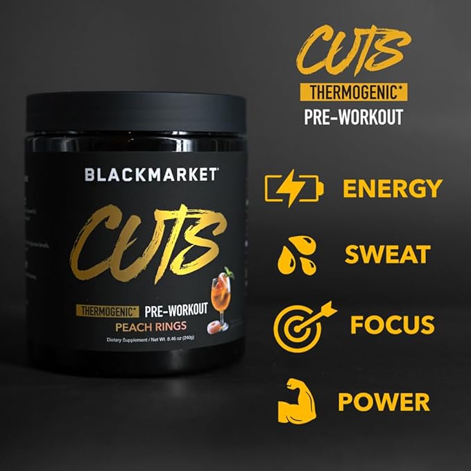 BLACKMARKET CUTS Pre Workout - Flavored Energy Powdered Drink Mix for Men & Women, Great for Muscle Definition, Thermogenic, Creatine Free, (Peach Ring, 30 Servings)