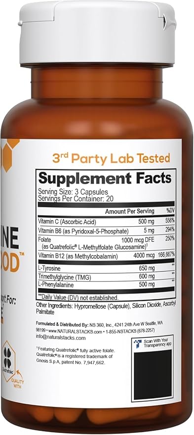 NATURAL STACKS Dopamine Focus Supplement w/L-Tyrosine - Promotes Mental Drive, Clarity & Focus - Dopamine Brain Food Supplement - Supports Mental Energy - 60 Capsules