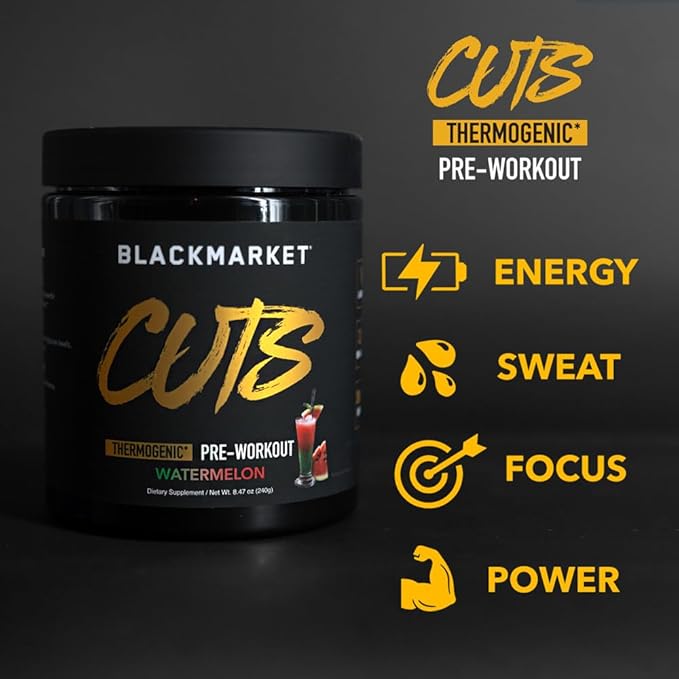 BLACKMARKET CUTS Pre Workout - Flavored Energy Powdered Drink Mix for Men & Women, Great for Muscle Definition, Thermogenic, Creatine Free (Watermelon, 30 Servings)