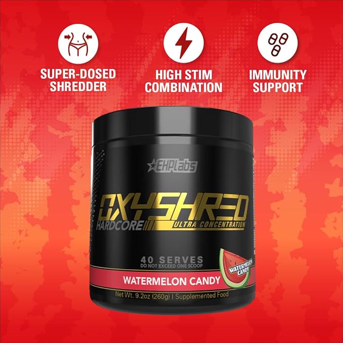 EHP Labs OxyShred Hardcore Super Dosed Pre Workout Powder - Preworkout Powder with L Glutamine & Acetyl L Carnitine, Energy Boost Drink - 275mg of Caffeine - Watermelon Candy, 40 Servings