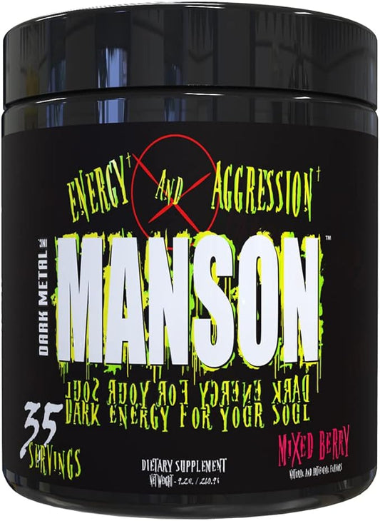 DARK METAL Inc Manson High Stim Pre Workout Powder, Energy Focus Strength, Loaded with Beta Alanine L Carnitine Caffeine Infinergy, 35 Srvgs, Mixed Berry