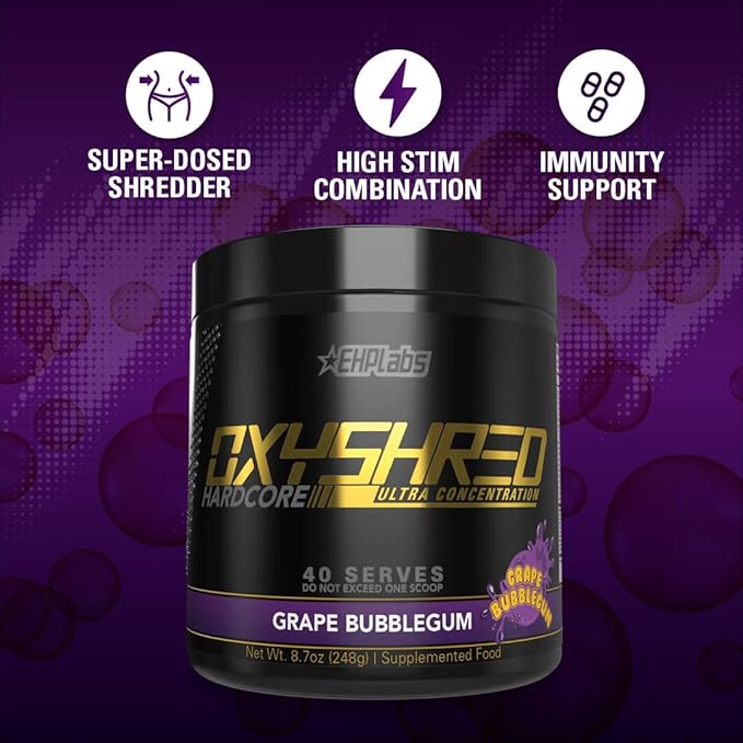 EHP Labs OxyShred Hardcore Super Dosed Pre Workout Powder - Preworkout Powder with L Glutamine & Acetyl L Carnitine, Energy Boost Drink - 275mg of Caffeine - Grape Bubblegum, 40 Servings