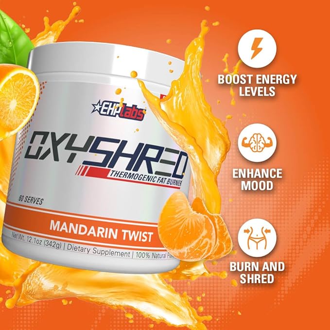 EHP Labs OxyShred Pre Workout Powder - Preworkout Powder with L Glutamine & Acetyl L Carnitine, Energy Boost Drink - Mandarin Twist, 60 Servings