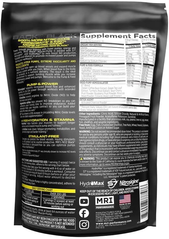 MRI NO2 Black Nitric Oxide Supplement for Pump, Muscle Growth, Vascularity & Energy - Powerful NO Booster Pre-Workout with Citrulline + 30 Servings (Black Razzy Ripped)