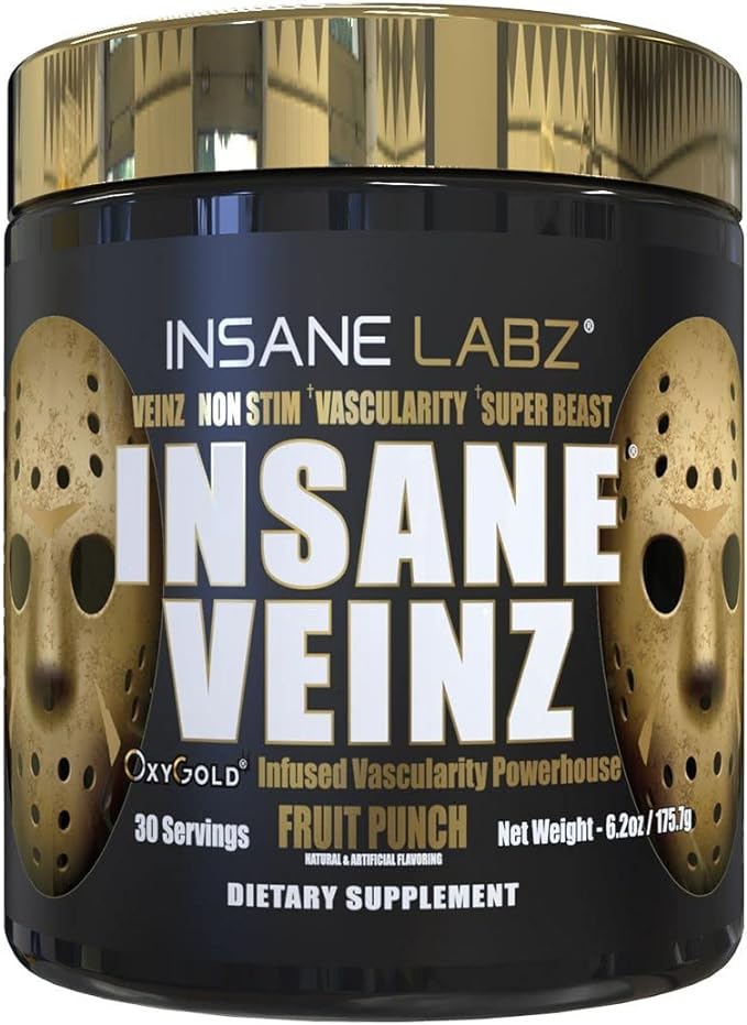 Insane Labz Psychotic Gold and Insane Veinz Gold Pre Workout Nitric Oxide Booster Stack, Increase Muscle Mass, Vascularity, Strength, Energy, Focus, Fruit Punch