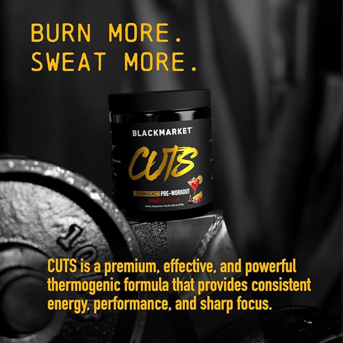 BLACKMARKET CUTS Pre Workout - Flavored Energy Powdered Drink Mix for Men & Women, Great for Muscle Definition, Thermogenic, Creatine Free, (Fruit Punch, 30 Servings)