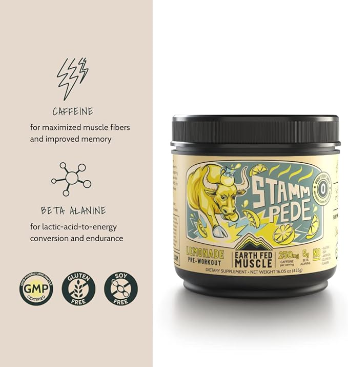 Earth Fed Muscle Stammpede Lemonade Pre Workout - Boosts Energy - Beta Alanine, 250mg Caffeine, Citrulline Malate, Taurine, Tyrosine - Soy Free, Gluten Free, Sugar Free. Keto Friendly - 26 Servings