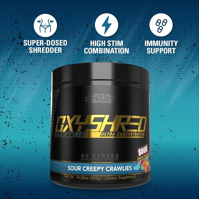 EHP Labs OxyShred Hardcore Super Dosed Pre Workout Powder - Preworkout Powder with L Glutamine & Acetyl L Carnitine, Energy Boost Drink - 275mg of Caffeine - Sour Crawlies, 40 Servings