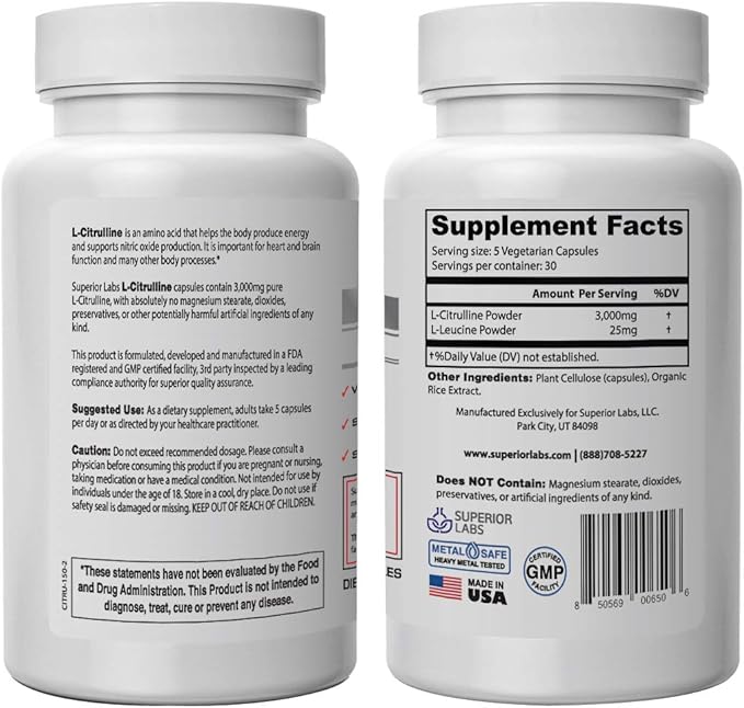 Superior Labs – Pure L-Citrulline – Free Form – Optimal 3,000mg Dosage – 150 Vegetable Capsules – Supports Vasodilation, Energy Production and Cardiovascular Health