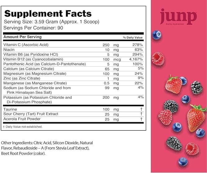 JUNP Electrolytes Powder No Sugar No Carbs – Wild Berry Fruit Flavor Drink Mix - Potassium & Salt Electrolyte Hydration Powder Zero Calorie Sugar Free Electrolyte Powder, Keto Friendly, 180 Servings