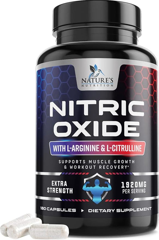 Extra Strength Nitric Oxide Supplement L Arginine 3X Strength - Citrulline Malate, AAKG, Beta Alanine - Premium Muscle Supporting Nitric Oxide Booster for Strength & Energy Supplements - 180 Capsules